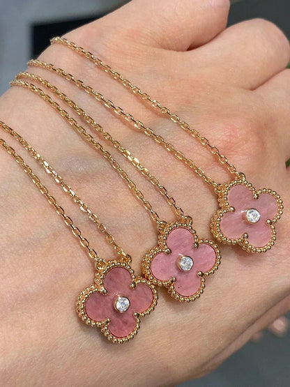[moco jewelrys]CLOVER 15MM DIAMOND RHODONITE NECKLACE
