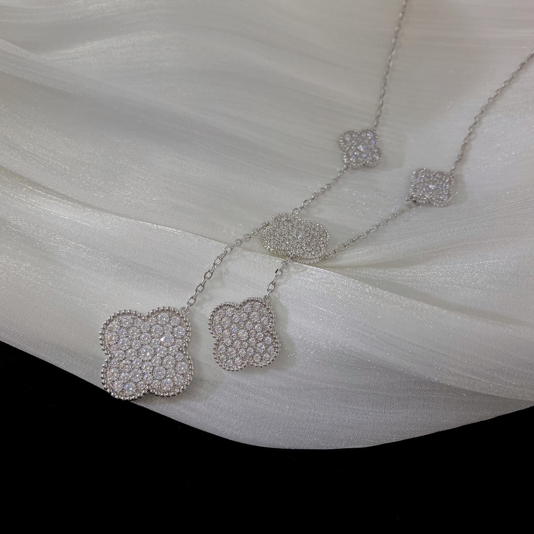 [moco jewelrys]CLOVER 5 MOTIFS SILVER DIAMONDS NECKLACE