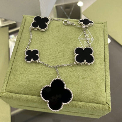 [moco jewelrys]CLOVER 5 MOTIFS SIVLER ONYX BRACELET