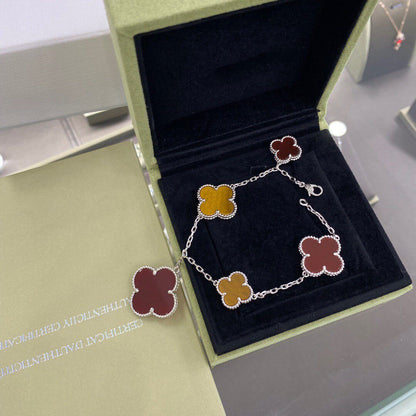 [moco jewelrys]CLOVER 5 MOTIFS SIVLER CARNELIAN TIGER EYE BRACELET