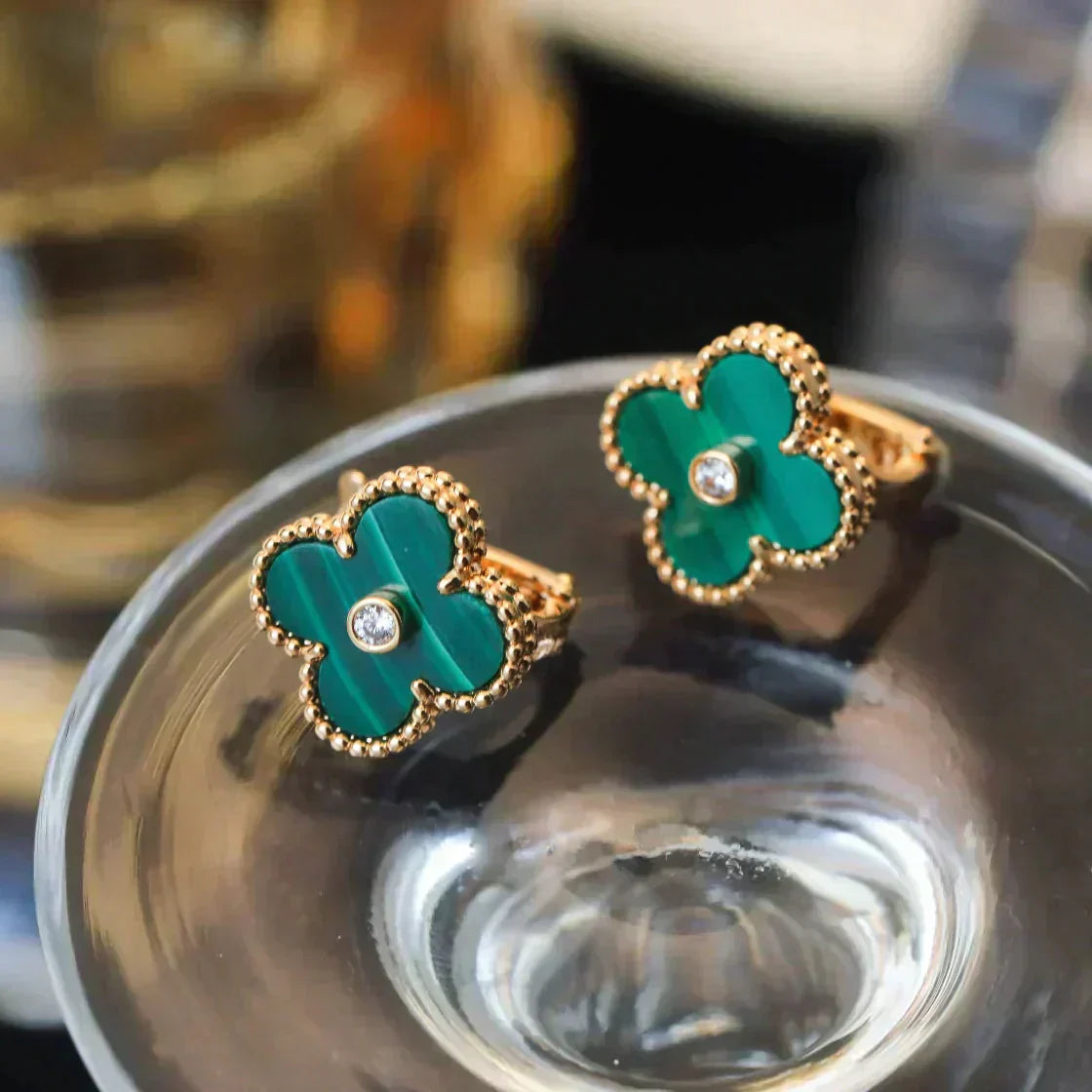 [moco jewelrys]CLOVER MEDIUM 1 MOTIFS MALACHITE DIAMOND EARRINGS