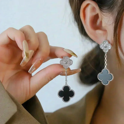 [moco jewelrys]CLOVER 2 MOTIFS  DIAMOND ONYX EARRINGS SILVER