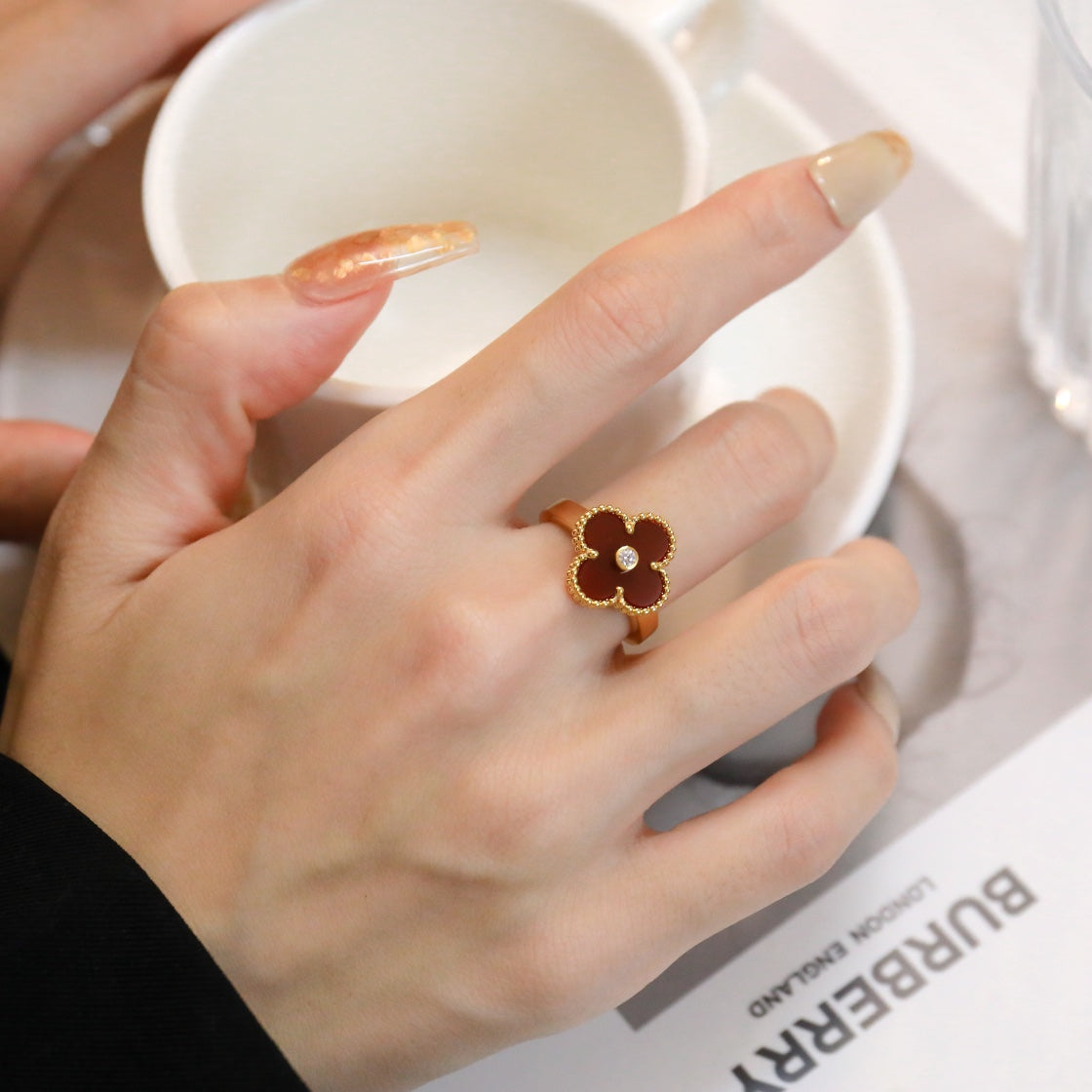 [moco jewelrys]CLOVER CARNELIAN RING ROSE GOLD DIAMOND