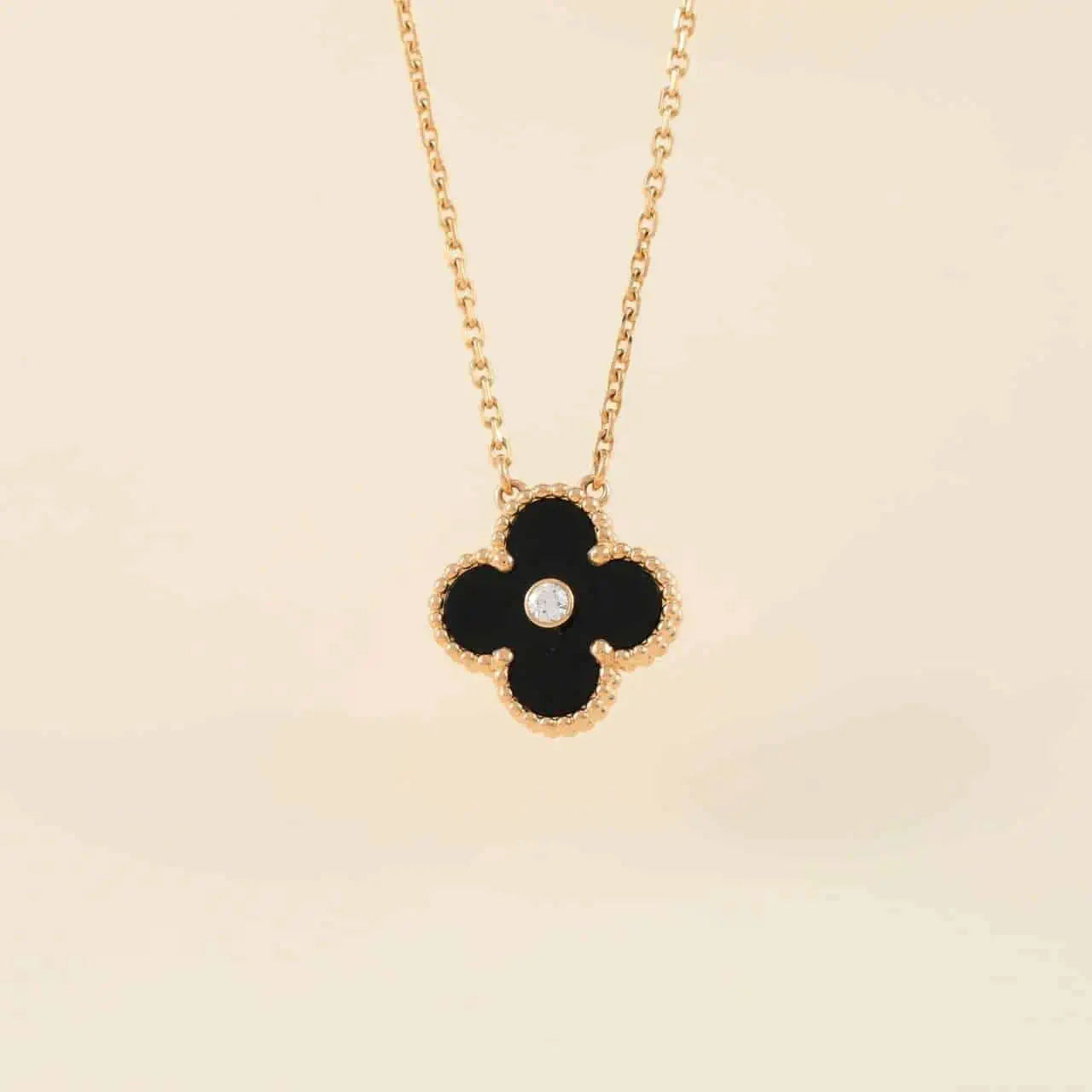 [moco jewelrys]CLOVER 15MM DIAMOND ONYX NECKLACE