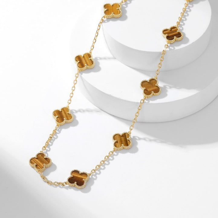 [moco jewelrys]CLOVER 10 MOTIFS TIGER EYE NECKLACE