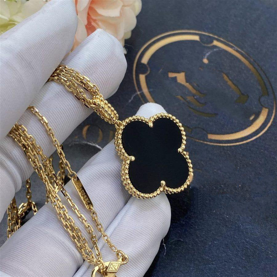 [moco jewelrys]CLOVER 25MM GOLD ONYX BIG CLOVER NECKLACE