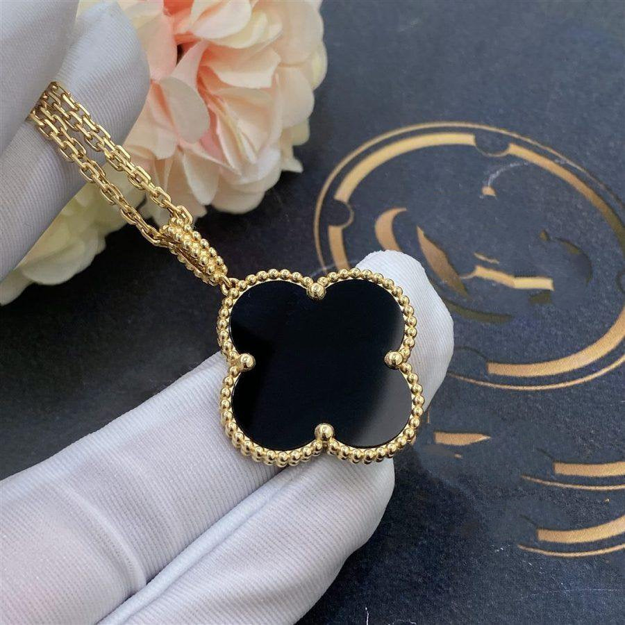 [moco jewelrys]CLOVER 25MM GOLD ONYX BIG CLOVER NECKLACE