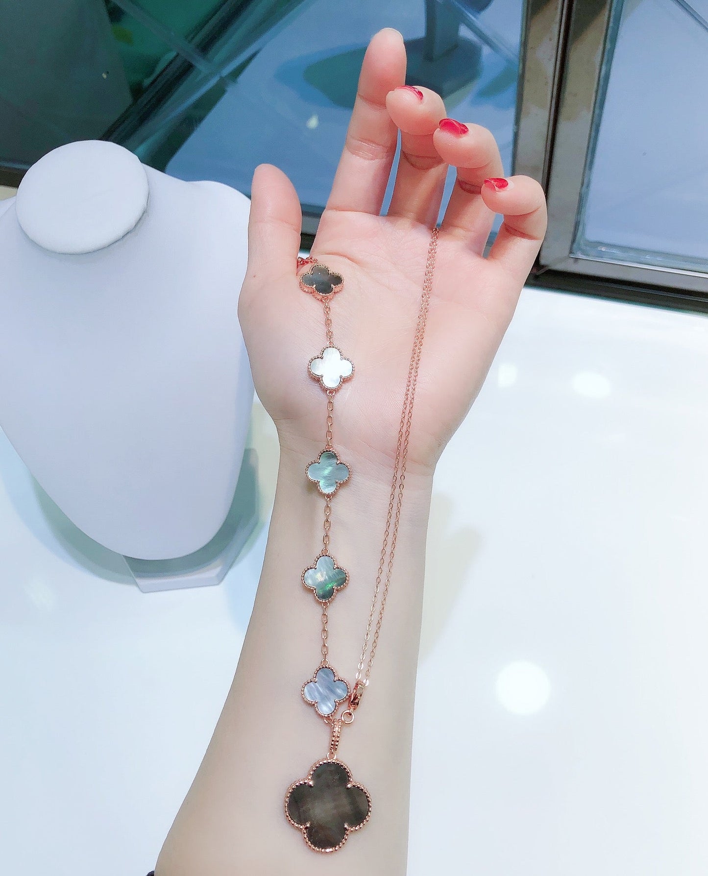 [moco jewelrys]COMBINED BRACELET 5 MOTIFS AND NECKLACE DARK MOP ROSE GOLD
