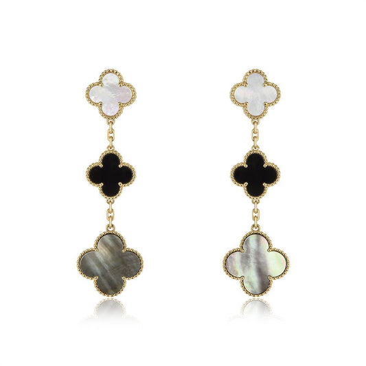 [moco jewelrys]CLOVER EARRINGS GOLD ONYX MOP 3 MOTIF